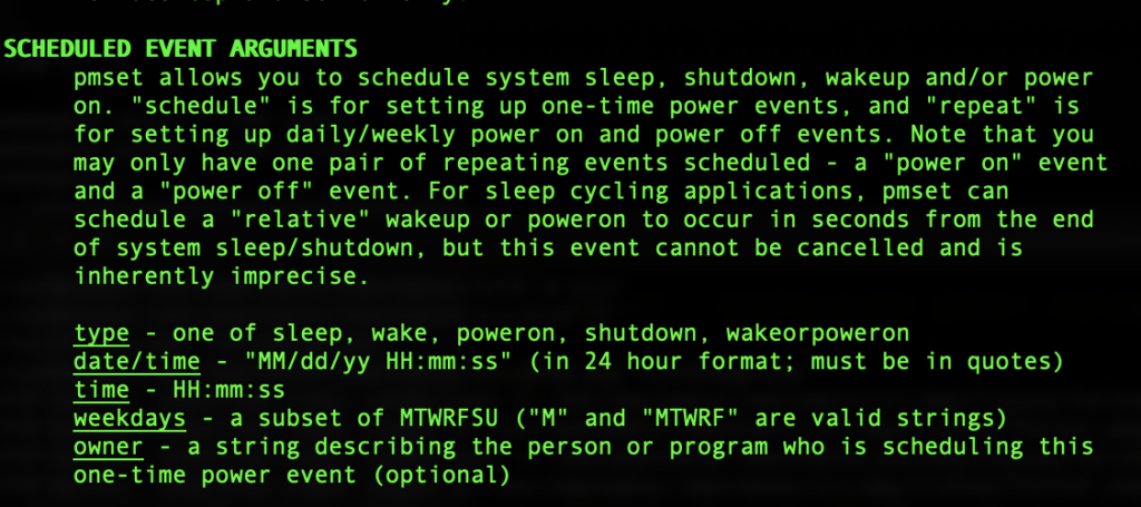 Screenshot showing part of the pmset manpage