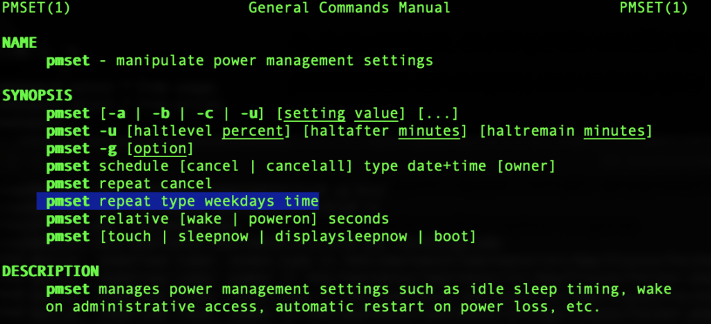 Screenshot showing part of the pmset manpage